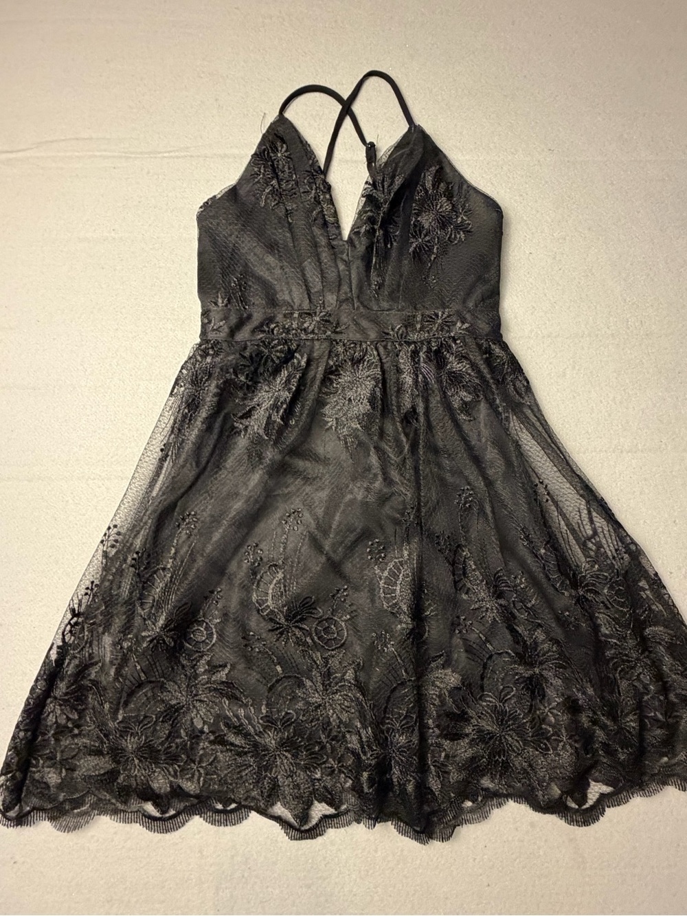 Blashe Black Floral Lace Mini Dress with Cross-Back Straps M